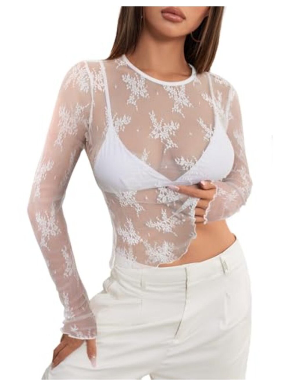 Lace Sheer Mesh Long Sleeve Blouse Ruffle Hem Y2k See Through Top